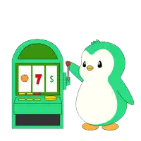 a cartoon penguin is standing next to a slot machine