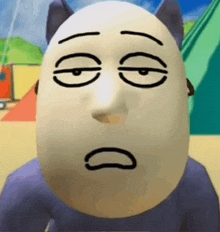 a cartoon character with a sad face is standing in front of a tent .