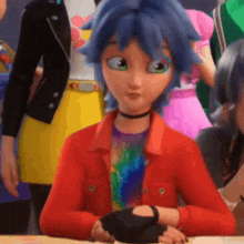a cartoon character with blue hair and a red jacket is sitting at a table with a group of people .