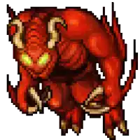 a pixel art drawing of a red monster with horns and claws .