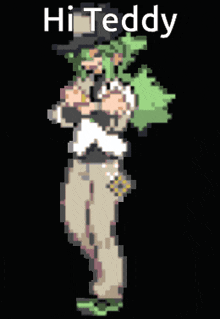a pixel art drawing of a person with the words hi teddy written on it