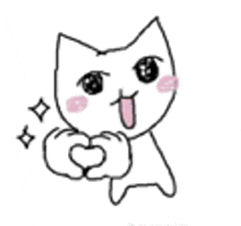 a white cat is making a heart with its hands .