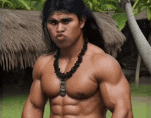 a shirtless man with a necklace that says ' i love ' on it
