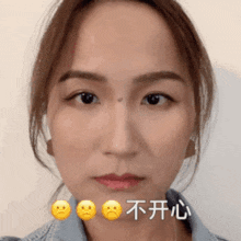 a close up of a woman 's face with three smiley faces on it .