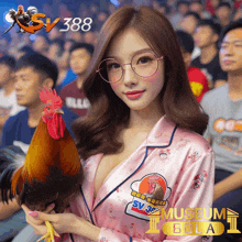a woman is holding a rooster in front of a banner that says sv388
