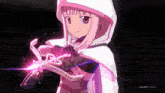 a girl with pink hair and a white cape is holding a pink sword