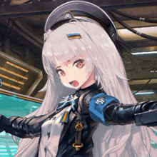 a girl with long white hair is wearing a hat