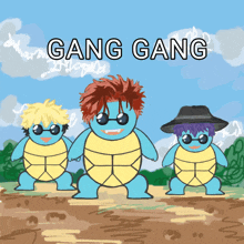 a cartoon of three turtles with gang gang written on the top
