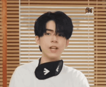 a young man wearing a white shirt and a black scarf around his neck .