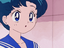 a close up of a cartoon girl with blue hair and a white shirt