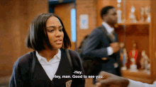 a girl in a school uniform talks to a man in a suit and says hey man good to see you