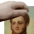 a hand is holding a piece of paper over a man 's head in a painting .
