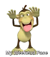 a cartoon monkey with its tongue hanging out and the words " my weekend face " below it