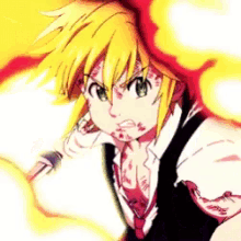 a cartoon character with yellow hair and green eyes is holding a fireball in his hand .