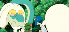 a group of cartoon characters are standing next to each other and one of them has a blue hat on