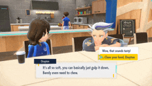 a screenshot of a video game shows a character named drayton talking to another character