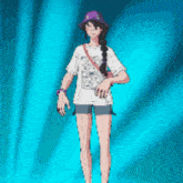 a pixel art drawing of a girl wearing a purple hat and shorts