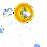 penguins are flying around a coin that says eth on it