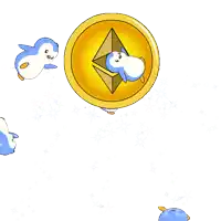penguins are flying around a coin that says eth on it