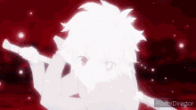 a person is holding a sword in their hand in a red background .