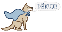 a cartoon dog with a cape and a speech bubble that says " dekuji "