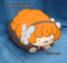 a cartoon character laying on a blue cloth with the words what is this thingy and it 's so roumb