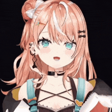 a close up of a 3d anime girl with long pink hair and blue eyes .