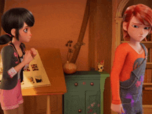 two cartoon characters are standing next to each other in a room with bookshelves