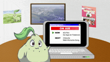 a cartoon character sits in front of a laptop that says senderprogramm on the screen