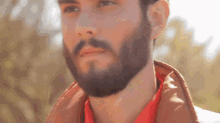 a man with a beard and mustache wearing a red shirt