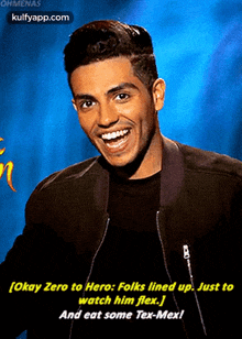 a man is smiling and says " okay zero to hero "