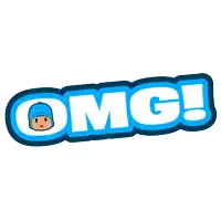 a blue and white logo that says omg with a pocoyo on it