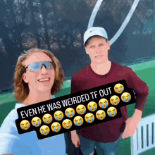 two men are standing next to each other with a sign that says even he was weirded tf out