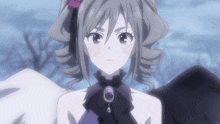a girl with gray hair and a purple necklace with a purple stone