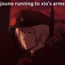 a picture of a person with the words " jouno running to xio 's arms "