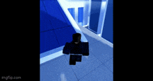 a video game character is walking in a hallway with a blue wall .
