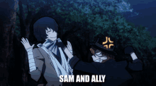 a man with a bandage on his arm is standing next to another man with the words sam and ally on the bottom