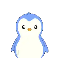 a blue and white penguin with big ears looks at the camera