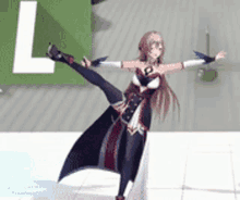 a girl is standing on one leg with a letter l in the background