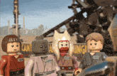 a group of lego figures are standing in front of a sign that says " warning "