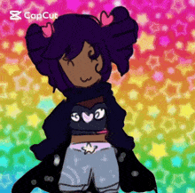 a cartoon of a girl with purple hair and hearts in her hair standing in front of a rainbow background