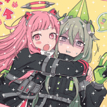 a girl with pink hair and a girl with green hair are hugging each other