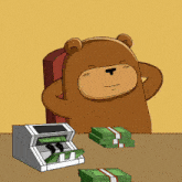 a bear is sitting at a table with stacks of money