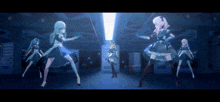a group of anime girls are standing in a dark room