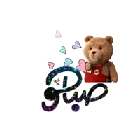 a teddy bear in a red apron is surrounded by hearts and the letter p