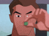 a cartoon character is holding a small green object in his hand