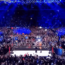 a crowd of people are watching a wrestler in a ring