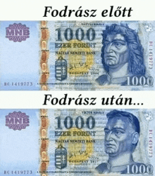 two 1000 hungary currency bills with a man on them