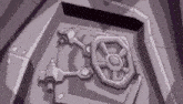 a black and white drawing of a vault door with a key .