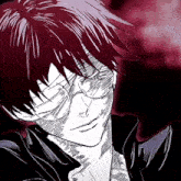 a black and white drawing of a person with red hair and glasses